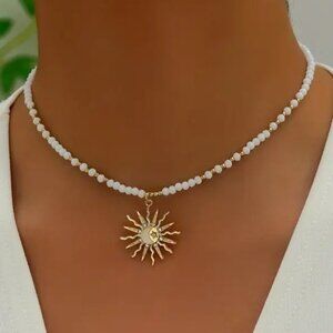 Sun Pendant Crystal Accents White Beaded Necklace